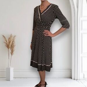 Sandra Darren Dress Size 10 Black & White Polka dot 3/4 Sleeve Ruched Waist